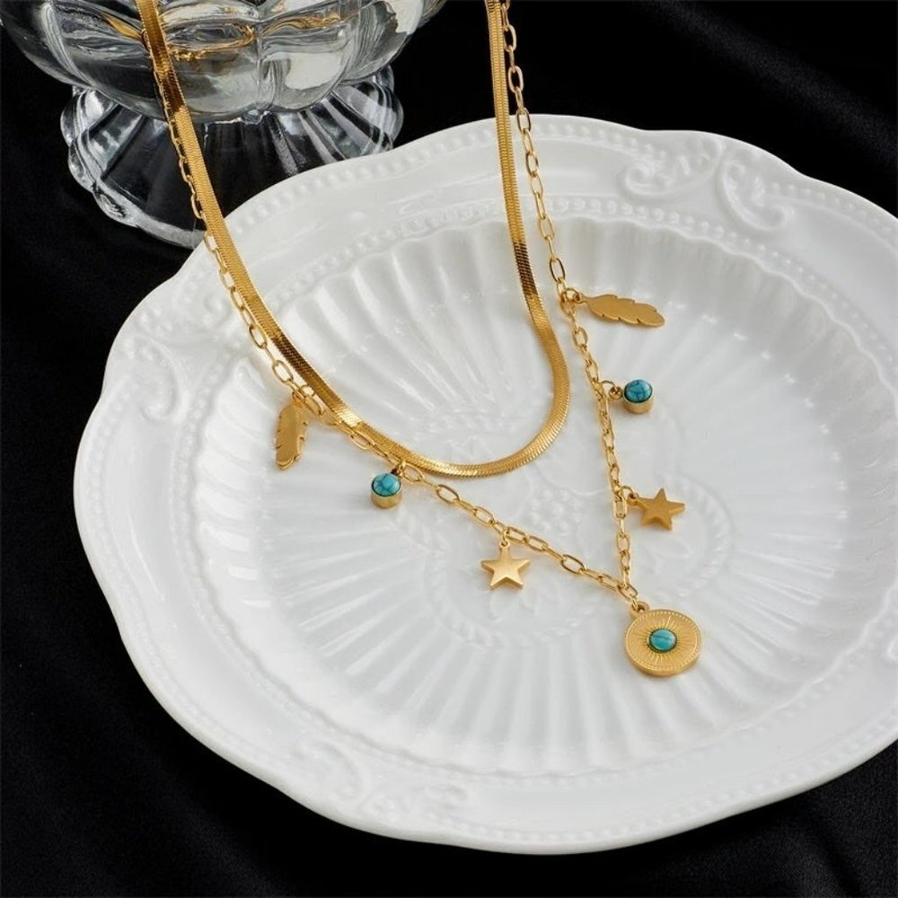 Fine Jewelry 2 Layer Leaves Star Cracked Stone Charm Chain Choker Necklaces - Picture 3 of 7